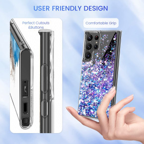 Луксозен силиконов гръб ТПУ FASHION с течност и лилав брокат за Samsung Galaxy S22 Ultra 5G S908 прозрачен